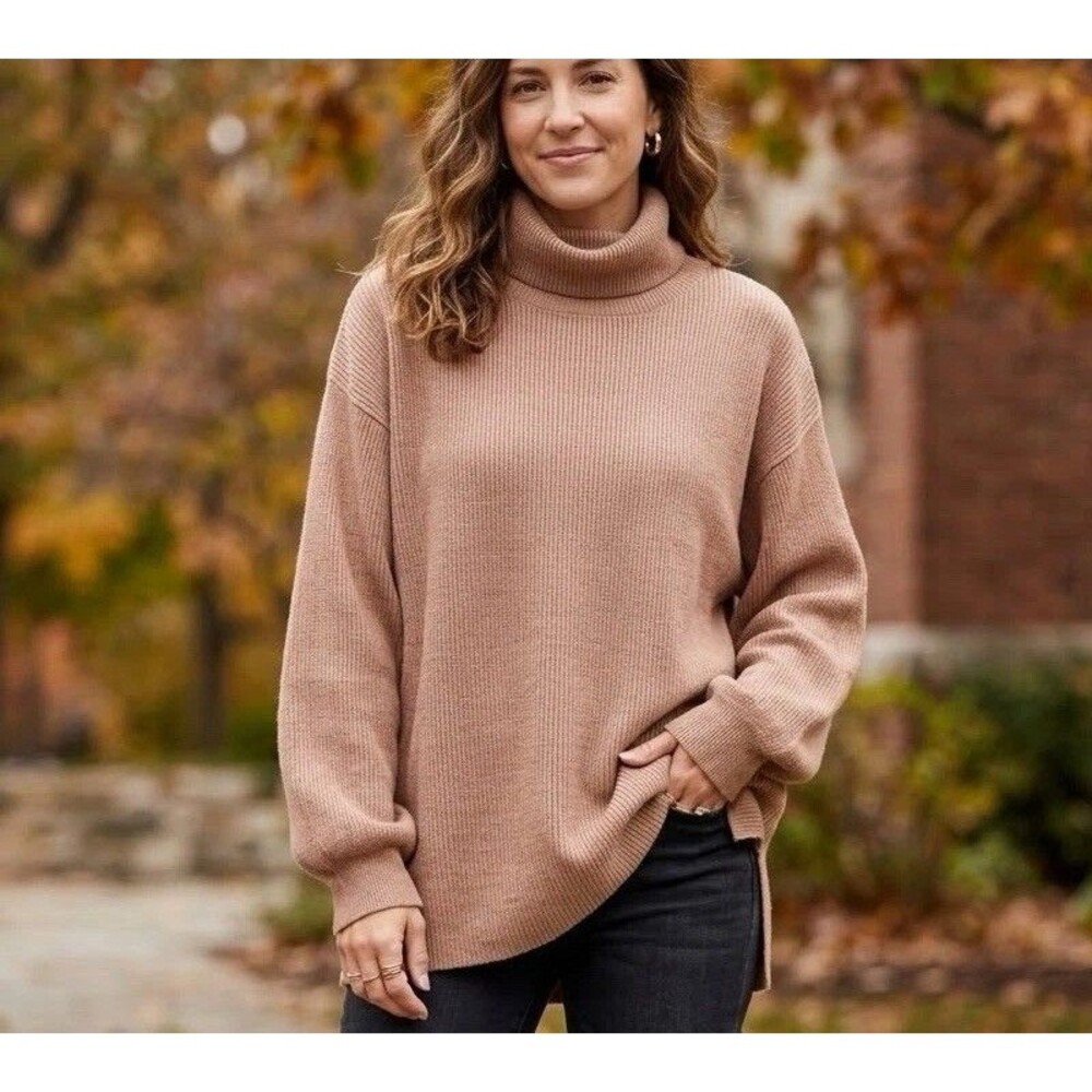 Free People Ribbed Oversized Turtleneck Tunic Sweater Tan Camel S/P Oversized.